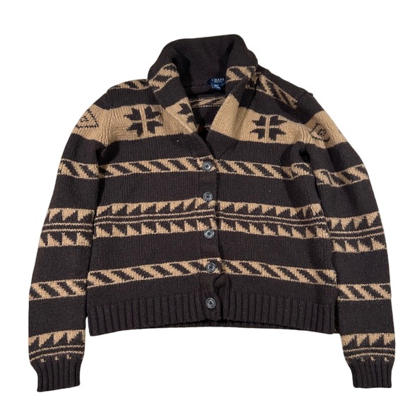 Small Chaps Wool Blend Southwestern Aztec Knit Button Cardigan Brown Tan - Picture 1 of 5